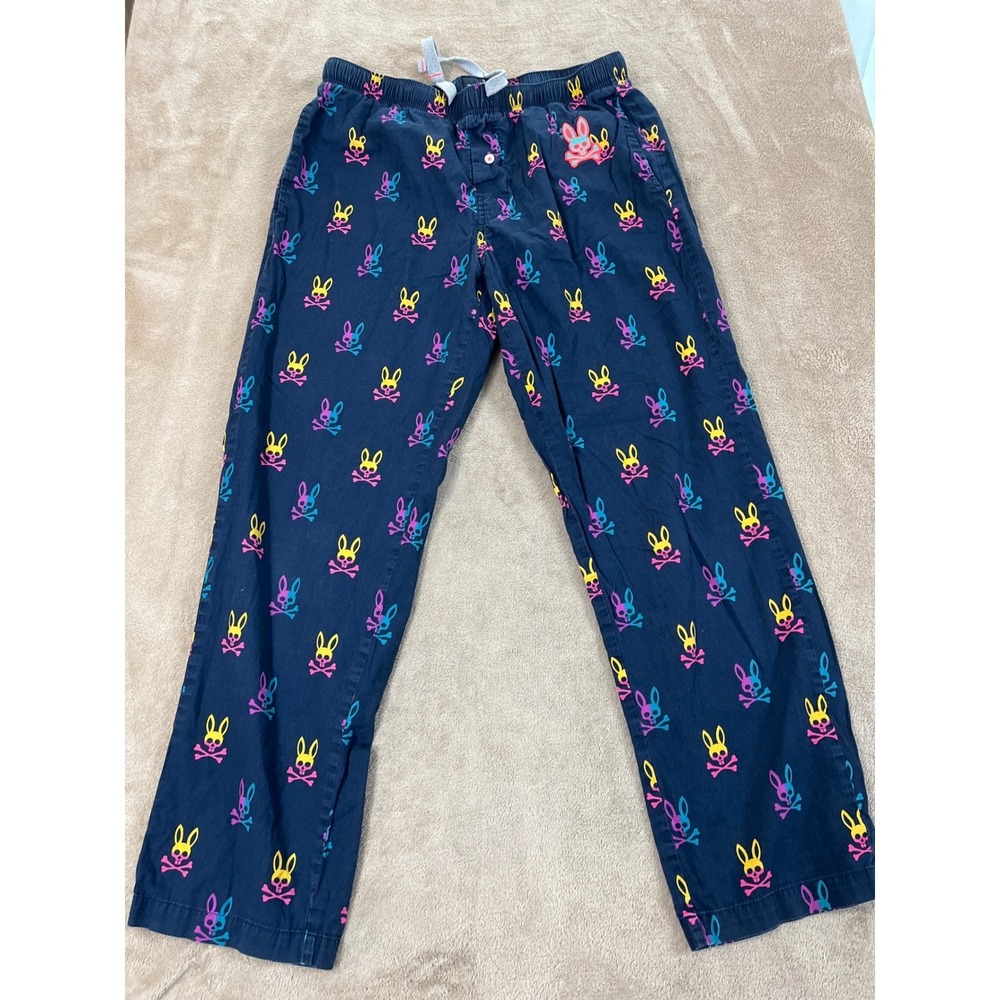 Psycho Bunny Pajama Pants Women S Navy Blue Logo AOP Cotton Lounge Sleepwear EUC